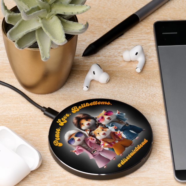 Funny Peace. Love. Bellbottoms. Hamster Supergroup Wireless Charger (Desk 2)