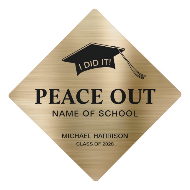 Funny Peace Out Custom Gold Graduation Cap Topper (Front)