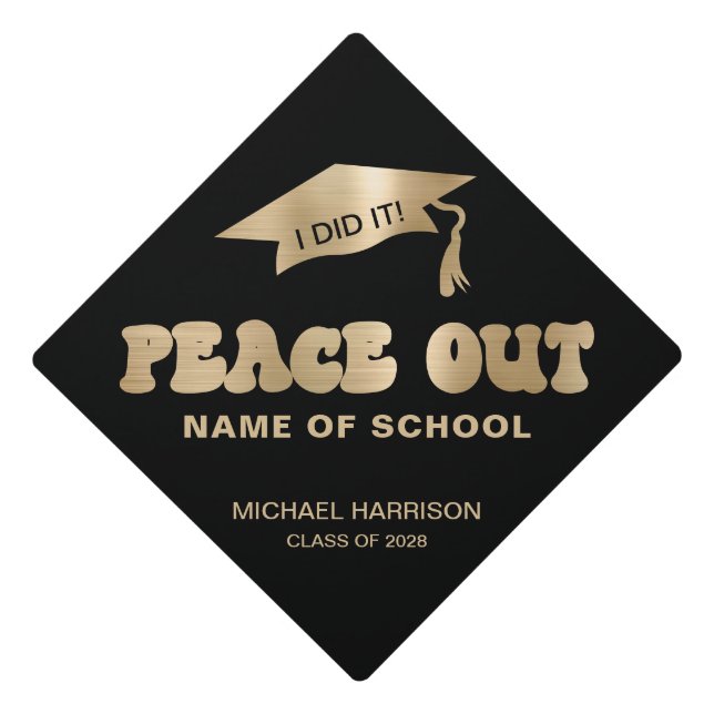 Funny Peace Out School Name Black Gold Graduation Cap Topper (Front)