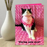 Funny Peaches the Tuxedo Cat Birthday Card<br><div class="desc">This funny birthday card for her features Peaches the Tuxedo Cat on the front. Peaches is wearing a pretty pink bandana and the words "You're how old?" appear below her. Inside the card reads, "Sounds a little fishy to me, but Happy Birthday!" A great birthday card for the cat lover....</div>