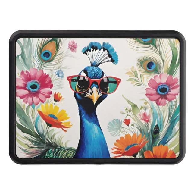 Funny Peacock Wearing Sunglasses Floral Hitch Cover (Front)