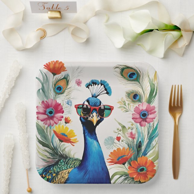 Funny Peacock Wearing Sunglasses Floral Paper Plates (Wedding)