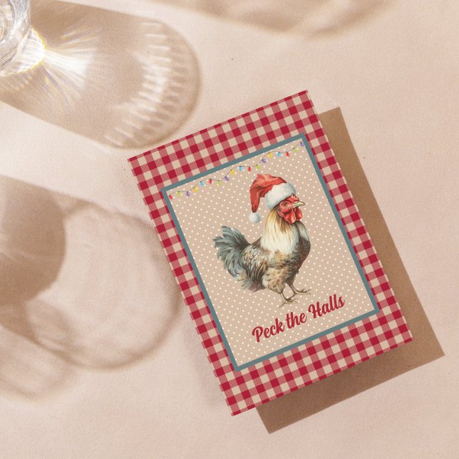 Funny Peck the Halls Rooster Farmhouse Christmas Holiday Card (Creator Uploaded)