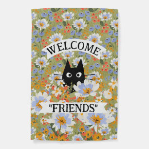 Funny Peeking Black Cat Flowers Welcome Garden Flag