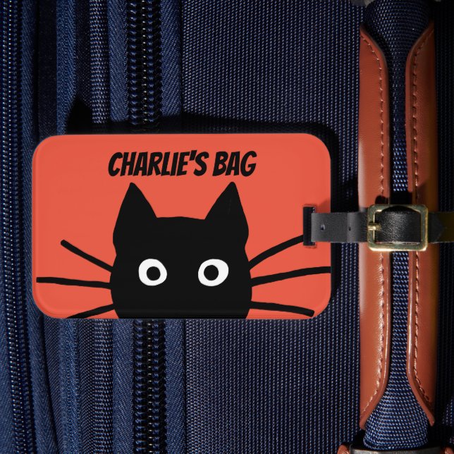 Funny Peeking Black Cat Your Text Custom Luggage Tag (Front Insitu 4)