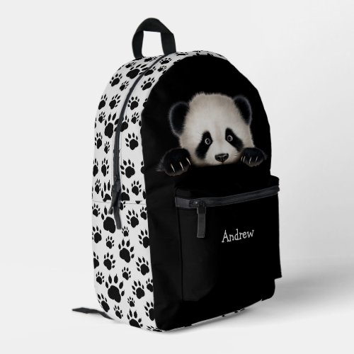 Funny Peeking Panda Bear with Tracks Printed Backpack