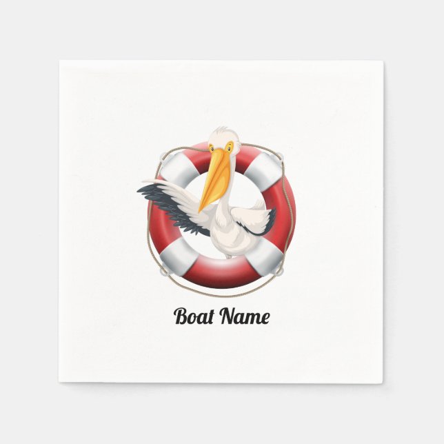 Funny Pelican in Life Buoy with Your Boat Name Napkins (Front)