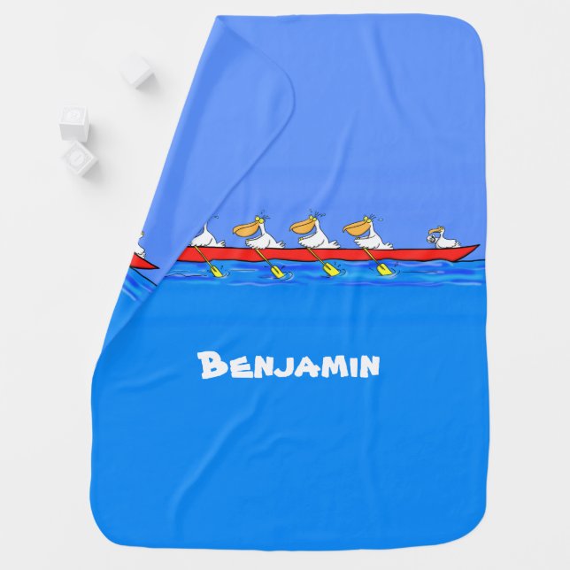 Funny pelican rowing team cartoon illustration baby blanket (In Situ)
