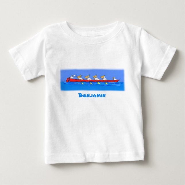 Funny pelican rowing team cartoon illustration baby T-Shirt (Front)