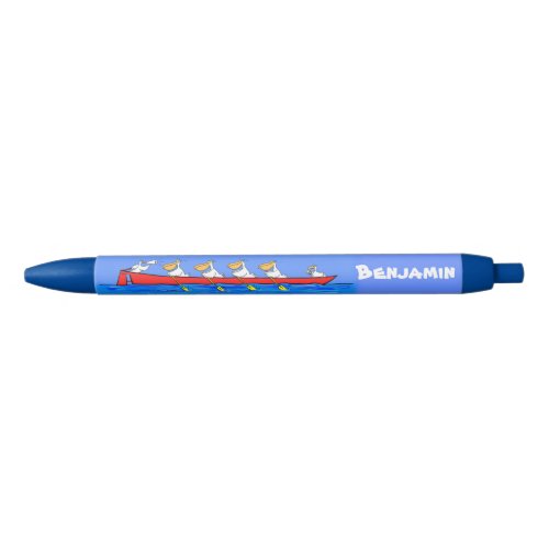 Funny pelican rowing team cartoon illustration black ink pen