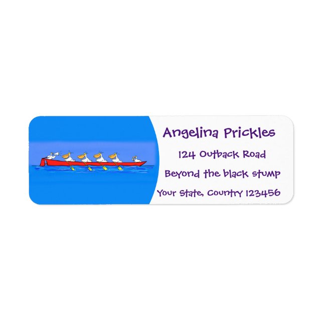 Funny pelican rowing team cartoon illustration label (Front)