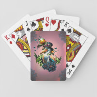 Funny pelican with steampunk hat  playing cards