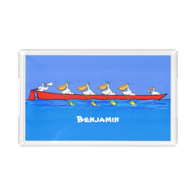 Funny pelicans rowing cartoon illustration acrylic tray (Front)