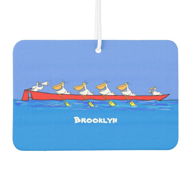 Funny pelicans rowing cartoon illustration  air freshener (Front)