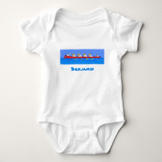 Funny pelicans rowing cartoon illustration baby bodysuit (Front)