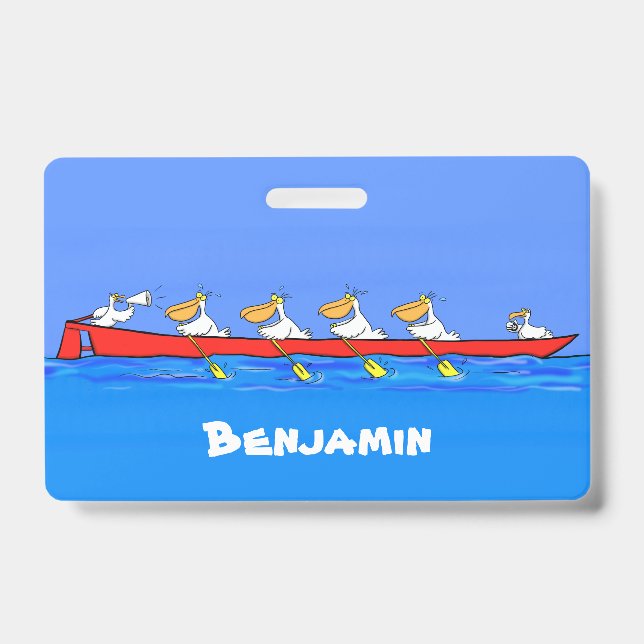 Funny pelicans rowing cartoon illustration badge (Front)