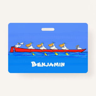 Funny pelicans rowing cartoon illustration badge