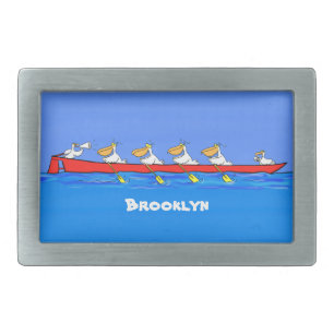 Funny pelicans rowing cartoon illustration belt buckle