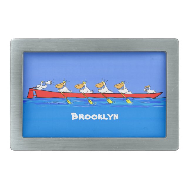 Funny pelicans rowing cartoon illustration belt buckle (Front)