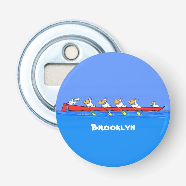 Funny pelicans rowing cartoon illustration bottle opener (Front)