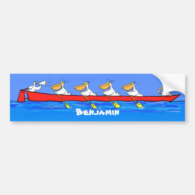 Funny pelicans rowing cartoon illustration bumper sticker (Front)
