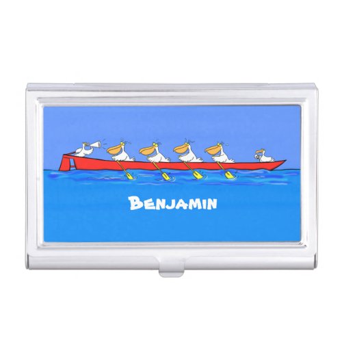 Funny pelicans rowing cartoon illustration business card case
