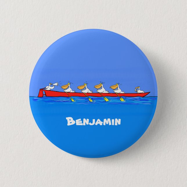 Funny pelicans rowing cartoon illustration button (Front)
