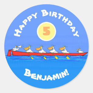Funny pelicans rowing cartoon illustration classic round sticker