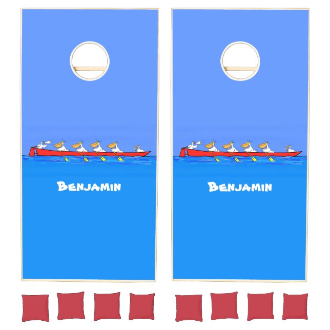 Funny pelicans rowing cartoon illustration cornhole set (Set)