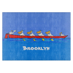 Funny pelicans rowing cartoon illustration cutting board