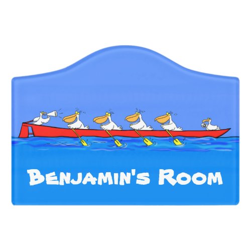 Funny pelicans rowing cartoon illustration door sign