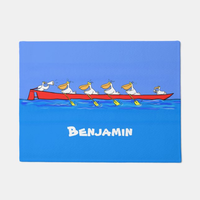 Funny pelicans rowing cartoon illustration doormat (Front)
