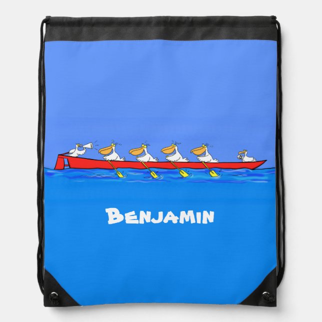 Funny pelicans rowing cartoon illustration drawstring bag (Front)
