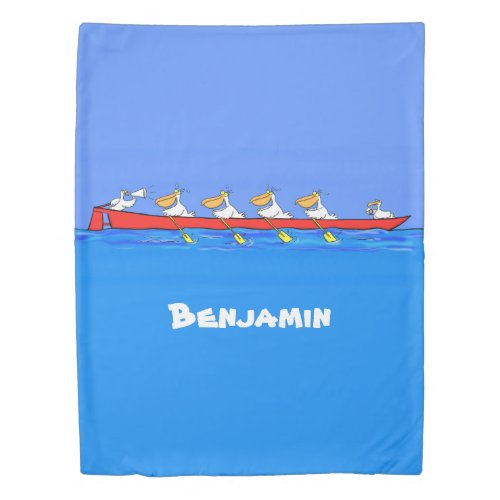 Funny pelicans rowing cartoon illustration duvet cover