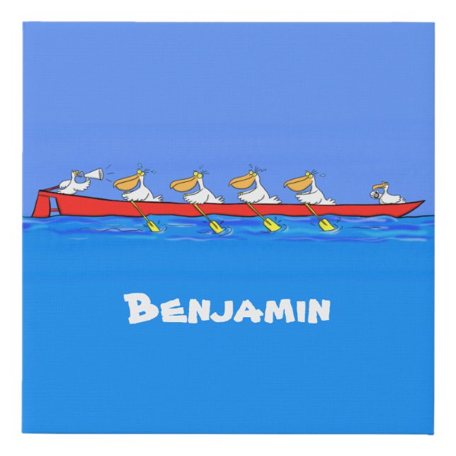 Funny pelicans rowing cartoon illustration faux canvas print (Front)