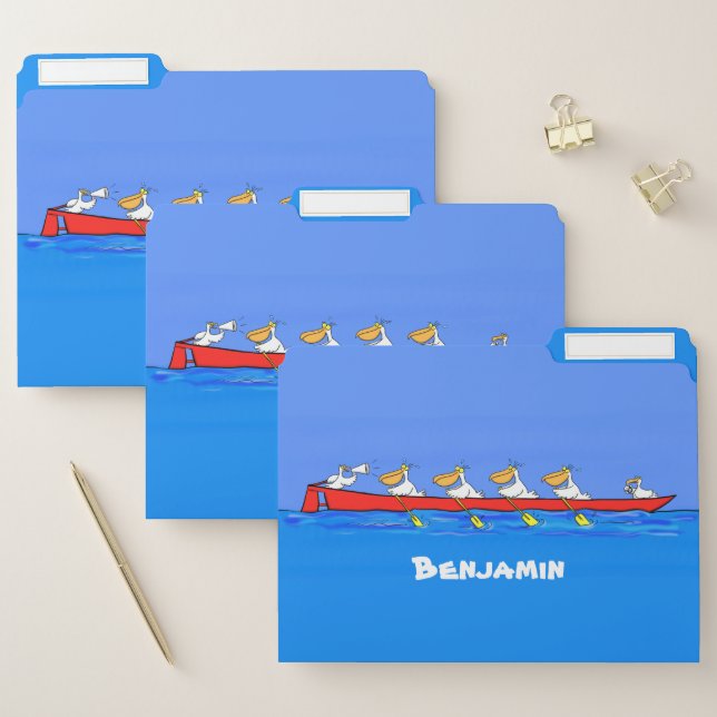 Funny pelicans rowing cartoon illustration file folder (Set)