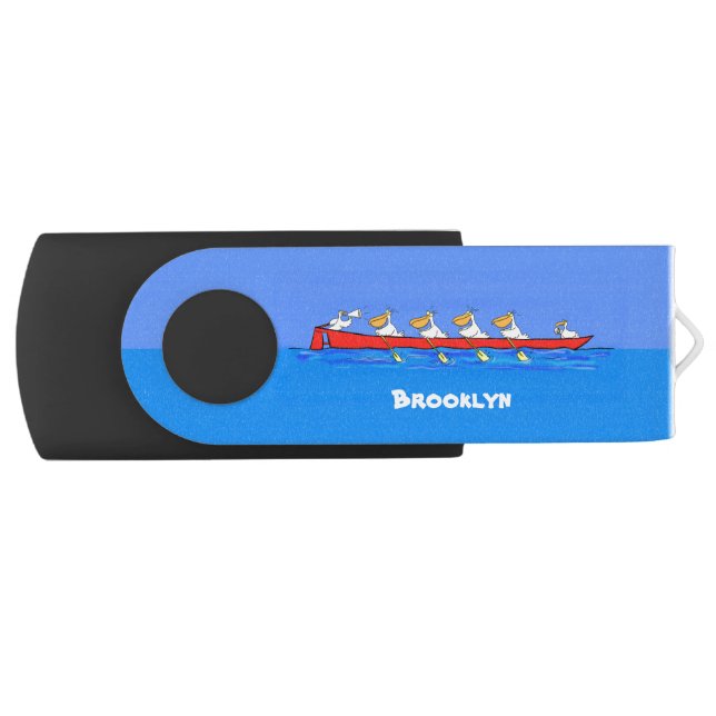Funny pelicans rowing cartoon illustration  flash drive (Front)