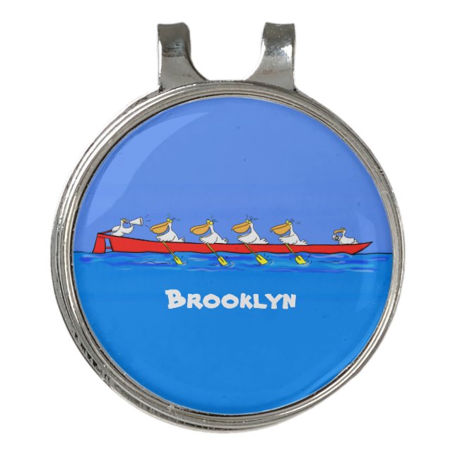 Funny pelicans rowing cartoon illustration golf hat clip (Front)