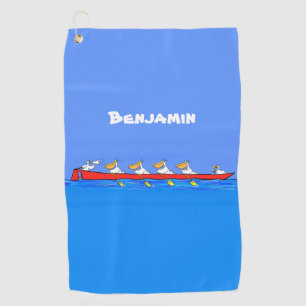 Funny pelicans rowing cartoon illustration golf towel