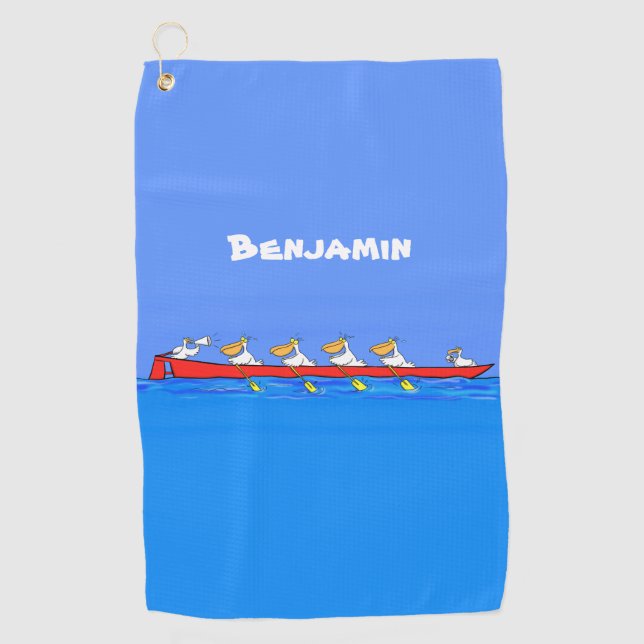 Funny pelicans rowing cartoon illustration golf towel (Front)