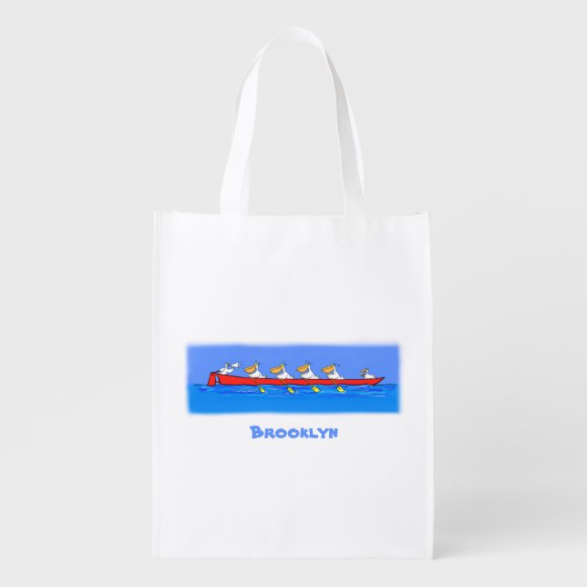 Funny pelicans rowing cartoon illustration grocery bag (Front)