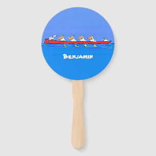 Funny pelicans rowing cartoon illustration hand fan