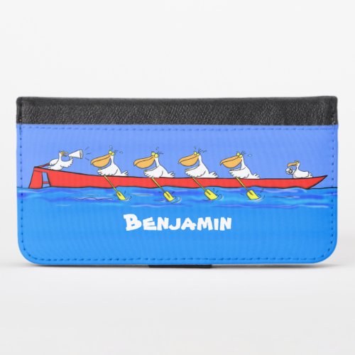 Funny pelicans rowing cartoon illustration iPhone x wallet case