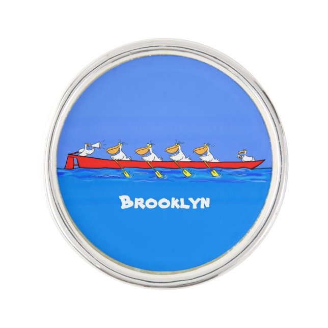 Funny pelicans rowing cartoon illustration lapel pin (Front)