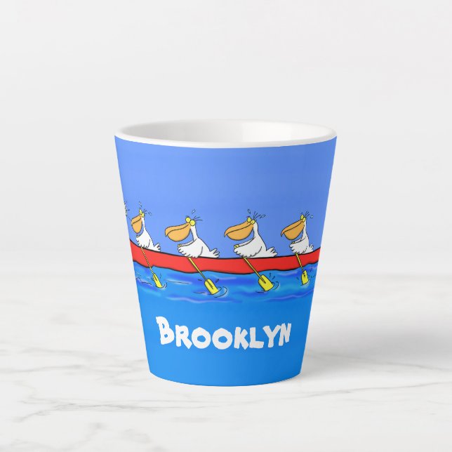 Funny pelicans rowing cartoon illustration latte mug (Front)