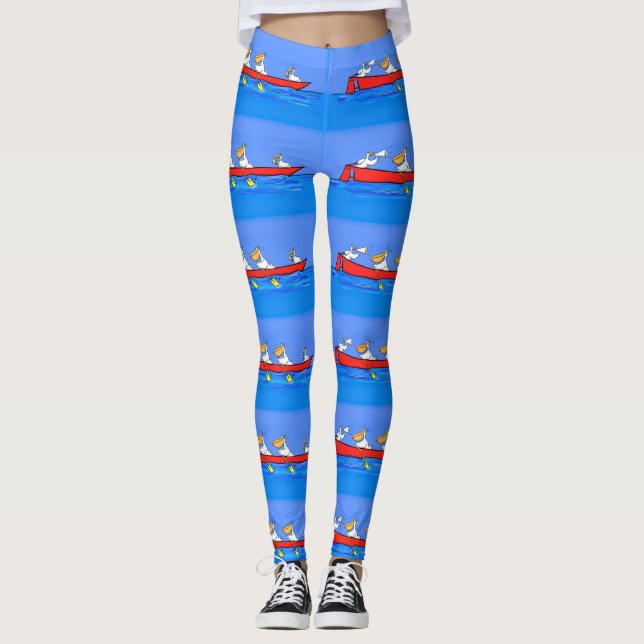 Funny pelicans rowing cartoon illustration leggings (Front)
