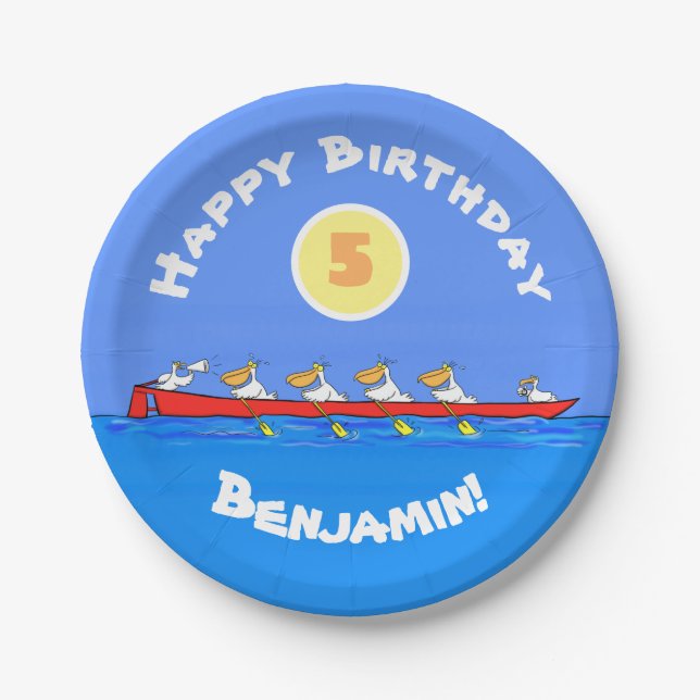 Funny pelicans rowing cartoon illustration paper plates (Front)