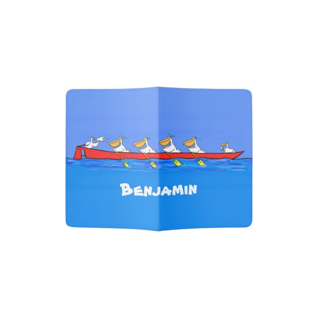 Funny pelicans rowing cartoon illustration  passport holder (Opened)