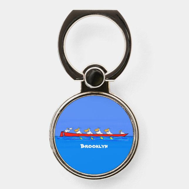 Funny pelicans rowing cartoon illustration phone ring stand (Front)