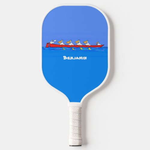Funny pelicans rowing cartoon illustration pickleball paddle